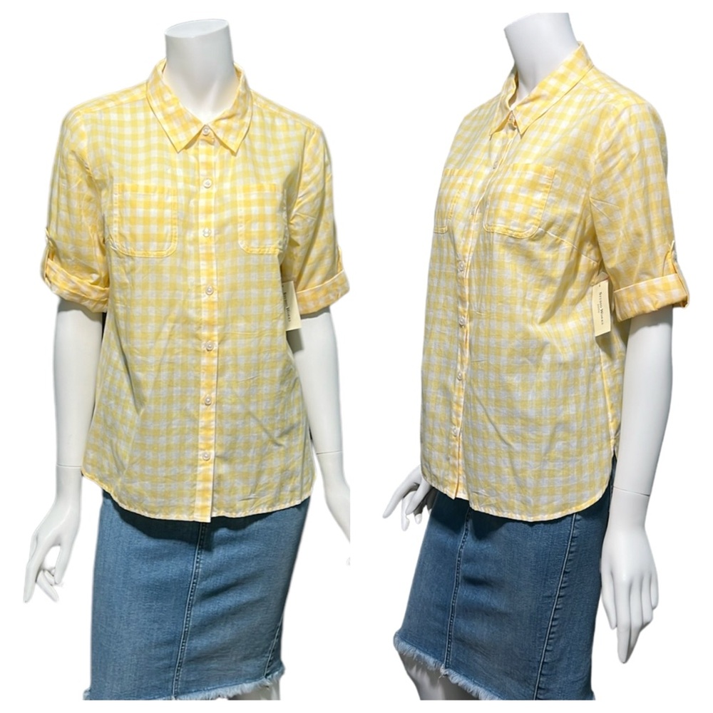 NWT Studio Works Yellow Plaid 100% Cotton Lightweight Roll Tab Shirt Petite L